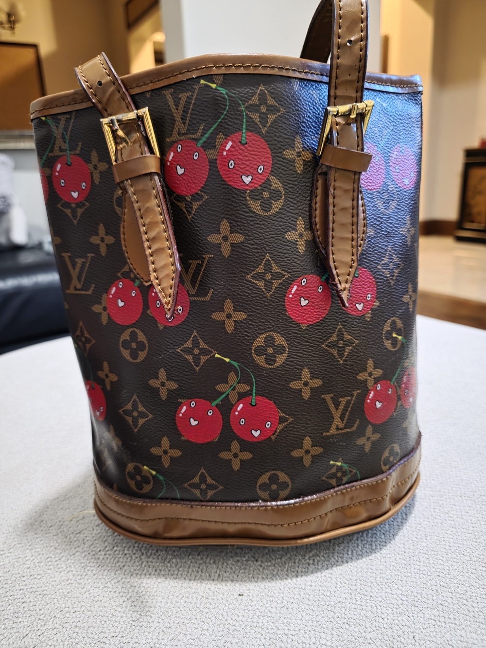 L.V Inspired Cherry Monogram Small Bucket Bag - Red/Brown